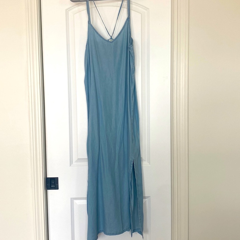 Aerie Chambray Lyocell Slip Dress with side slits
